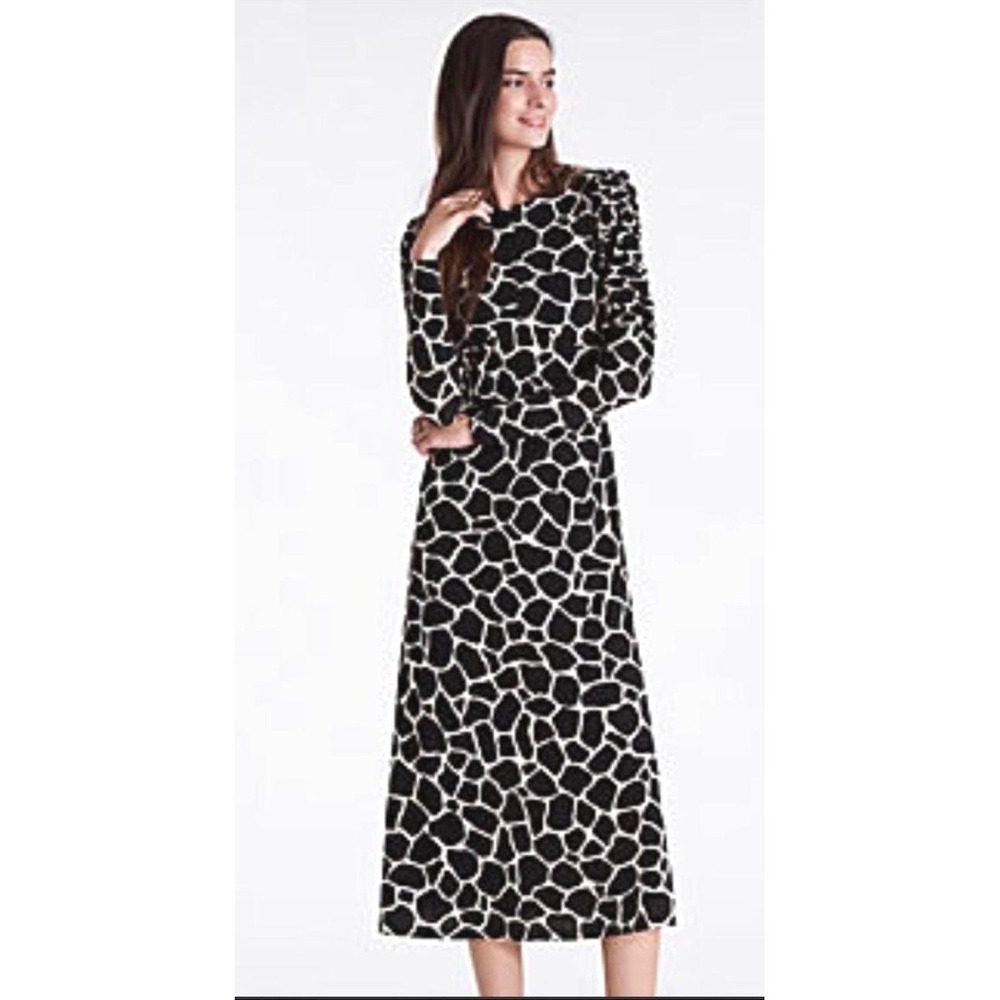 Ann Taylor Dress Women 2 Black Ivory Giraffe Print Ruched Sleeve Jersey Preppy